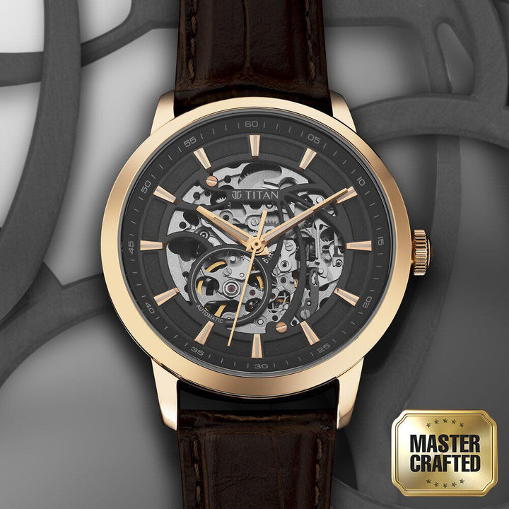 Titan Phoenix Skeletal Automatic Analog with Gun Dial Brown Leather Strap Watch for Men-90223WL01