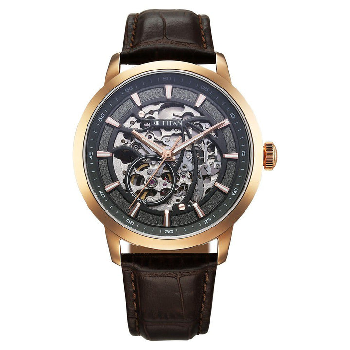 Titan Phoenix Skeletal Automatic Analog with Gun Dial Brown Leather Strap Watch for Men-90223WL01