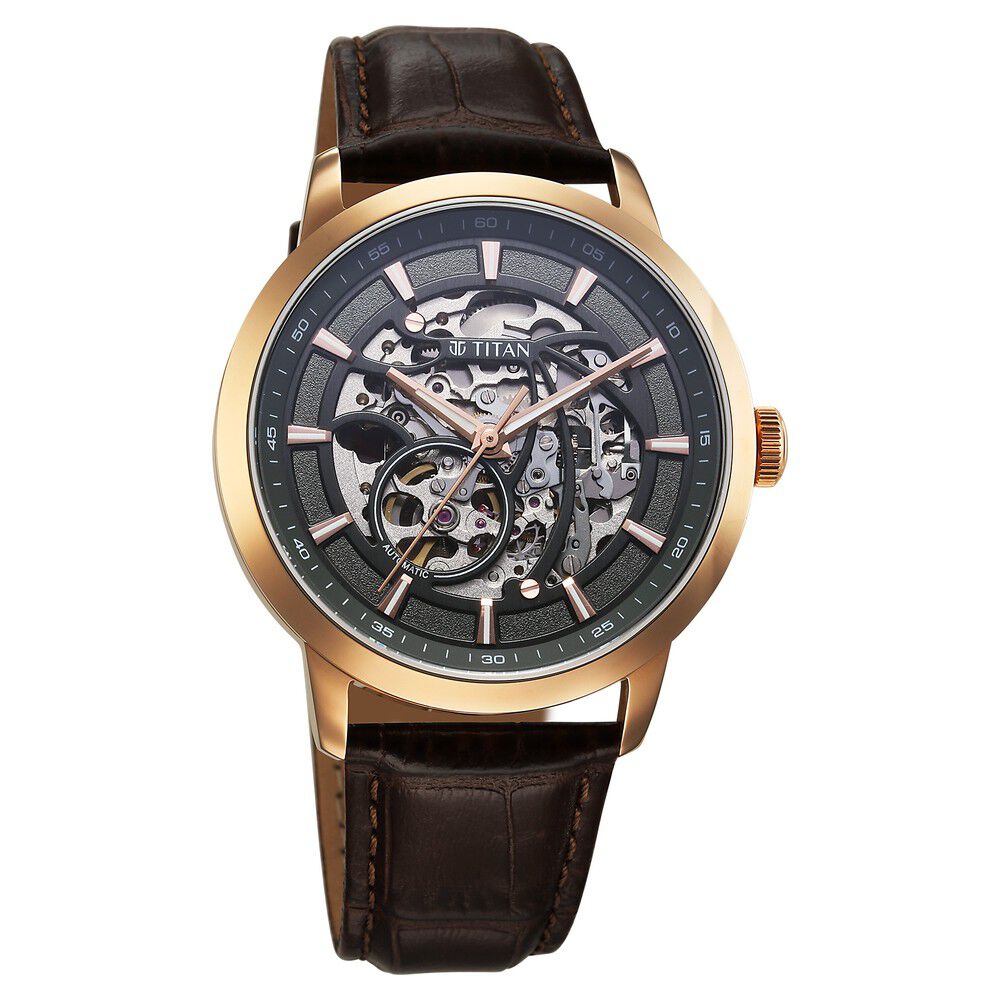 Titan Phoenix Skeletal Automatic Analog with Gun Dial Brown Leather Strap Watch for Men-90223WL01