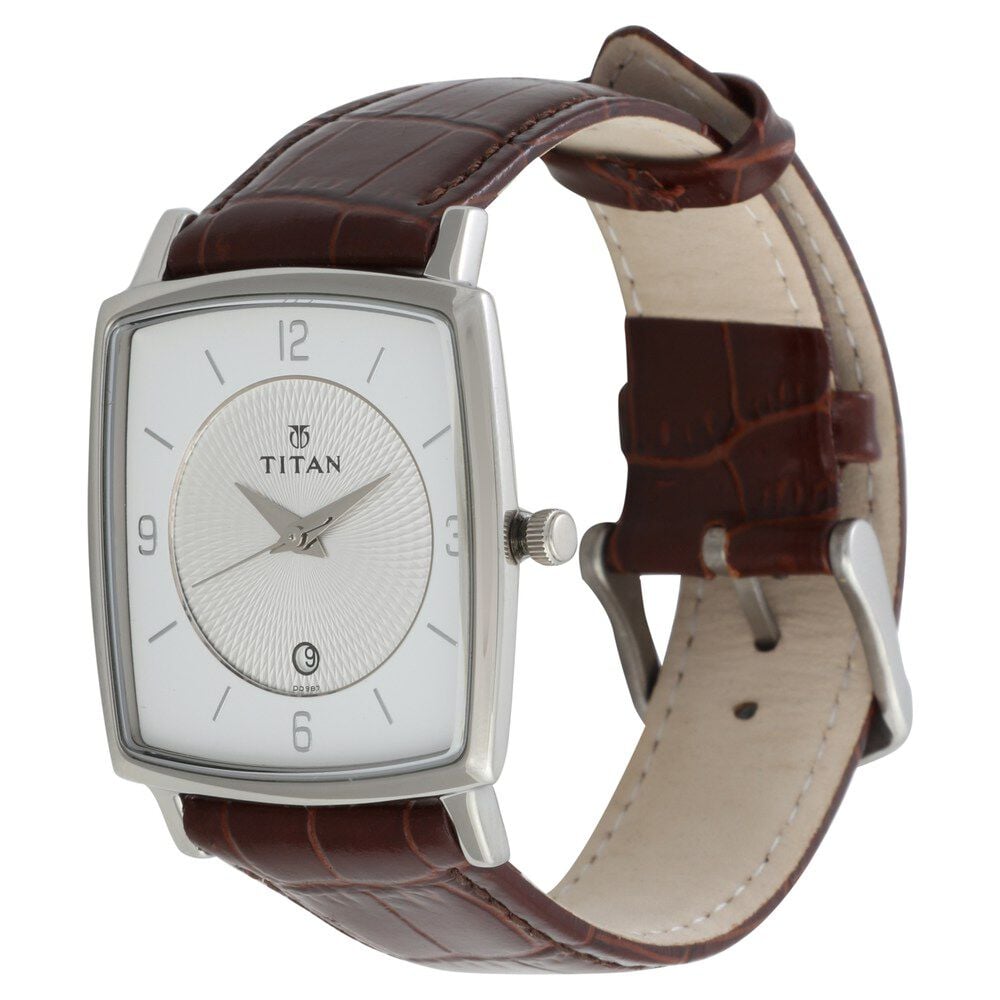Titan Quartz Analog with Date Silver Dial Leather Strap Watch for Men-NS9159SL01