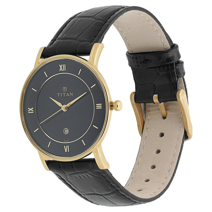 Titan Quartz Analog with Date Black Dial Leather Strap Watch for Men-NJ9162YL02
