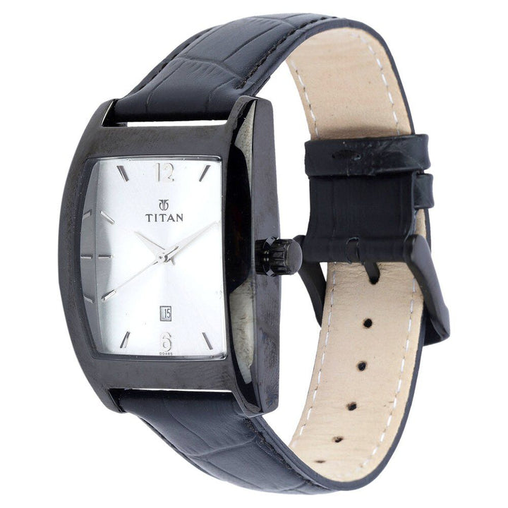Titan Quartz Analog with Date Silver Dial Leather Strap Watch for Men-9171NL01