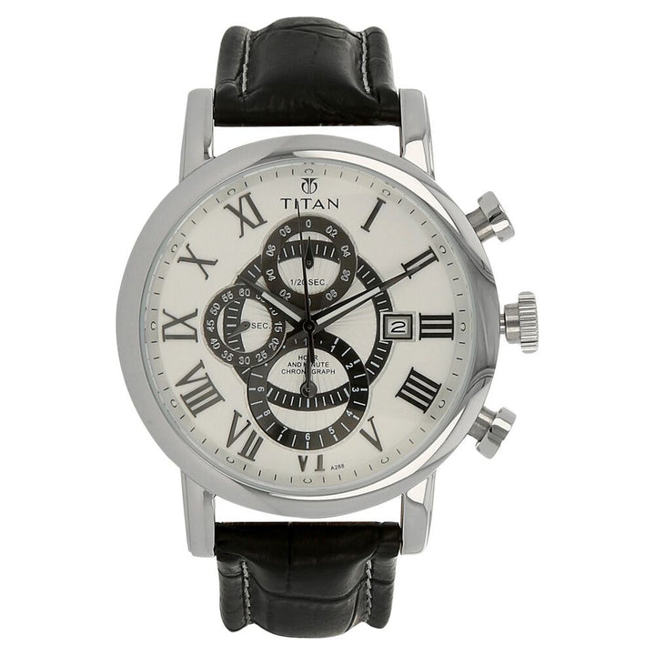 Titan Chronograph White Dial Chrono Quartz Leather Strap watch for Men-NH9234SL01E