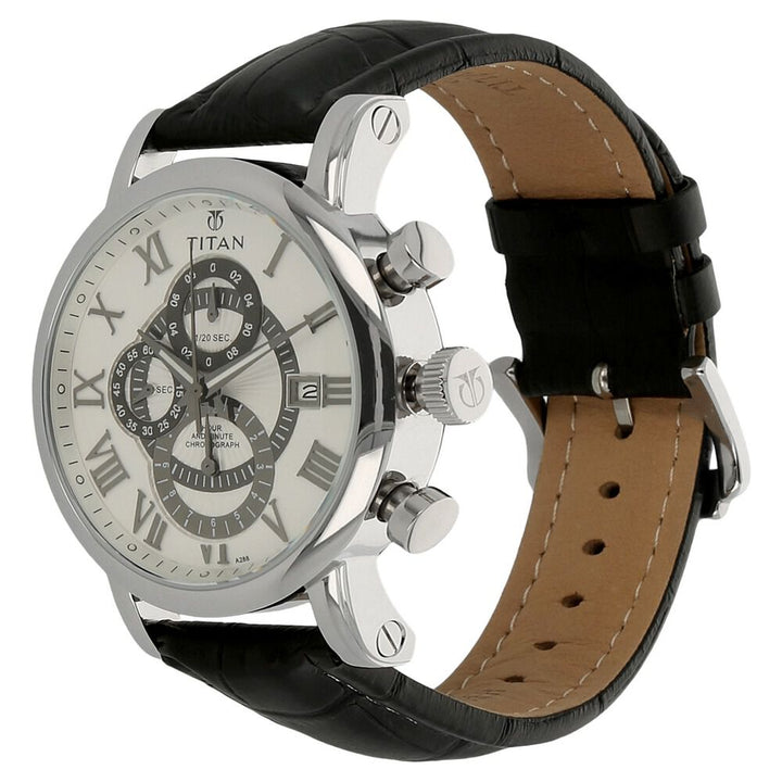 Titan Chronograph White Dial Chrono Quartz Leather Strap watch for Men-NH9234SL01E