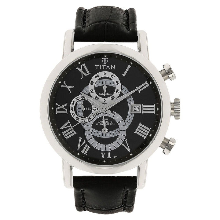 Titan Quartz Chronograph Black Dial Leather Strap Watch for Men-NH9234SL02E