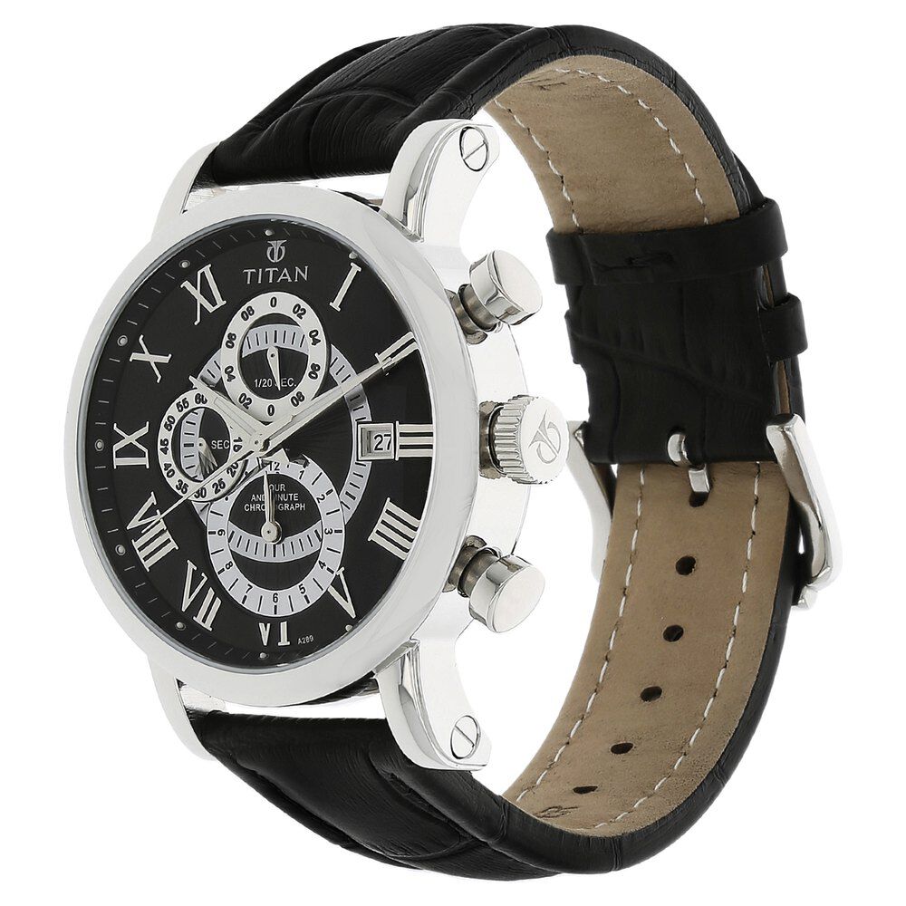 Titan Quartz Chronograph Black Dial Leather Strap Watch for Men-NH9234SL02E