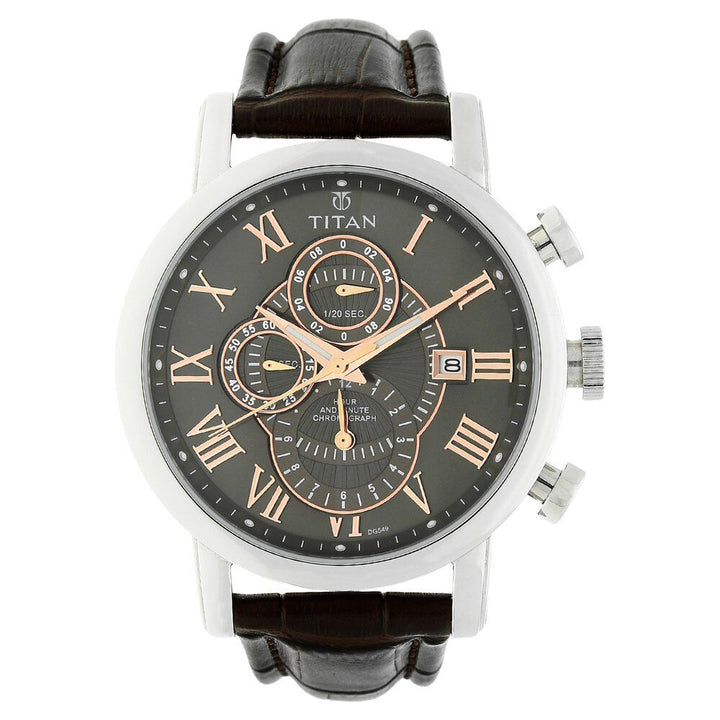 Titan Classic Grey Dial Chronograph Leather Strap watch for Men-NK9234SL03