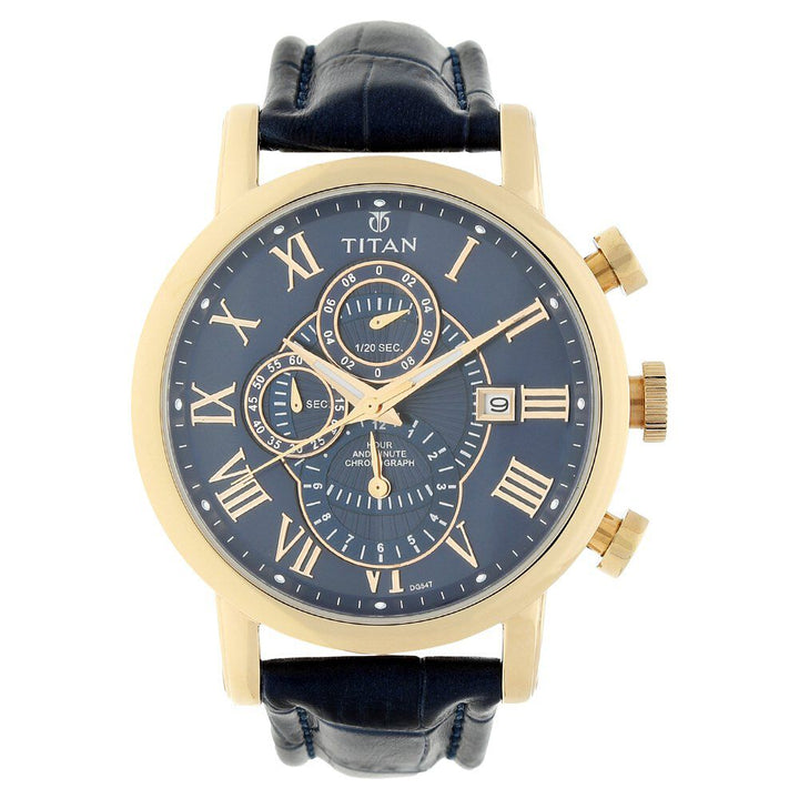 Titan Classic Blue Dial Chronograph Leather Strap watch for Men-NN9234WL02