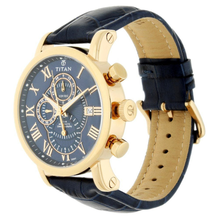 Titan Classic Blue Dial Chronograph Leather Strap watch for Men-NN9234WL02