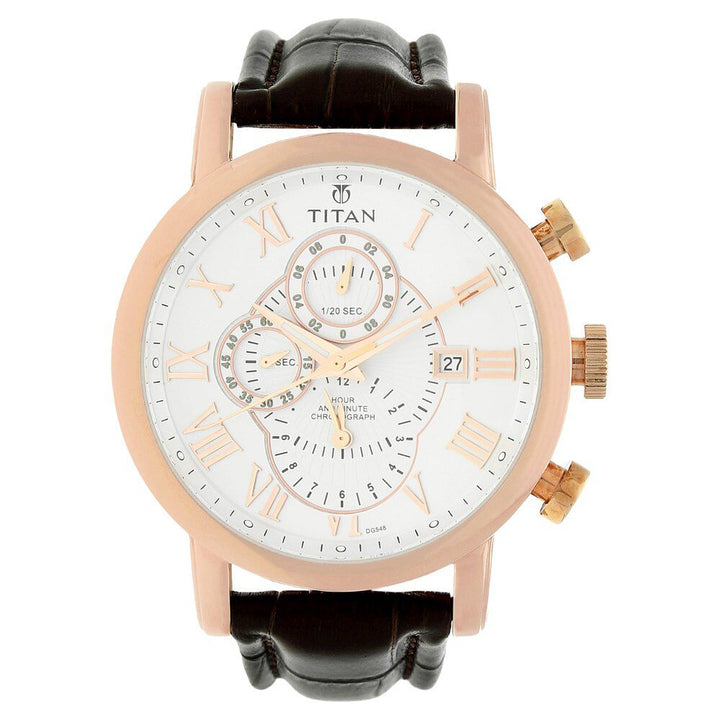 Titan Quartz Chronograph White Dial Leather Strap Watch for Men-NL9234WL03