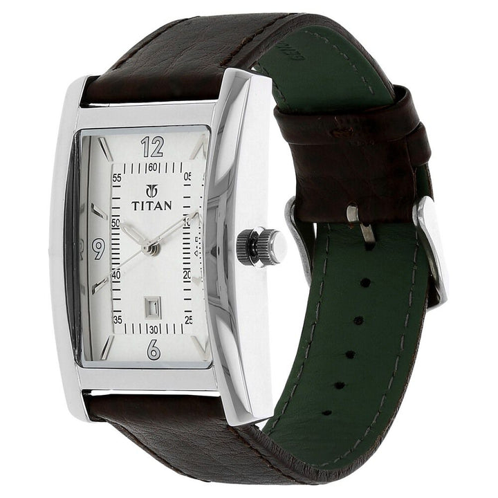 Titan Quartz Analog with Date Silver Dial Leather Strap Watch for Men-NJ9280SL01A