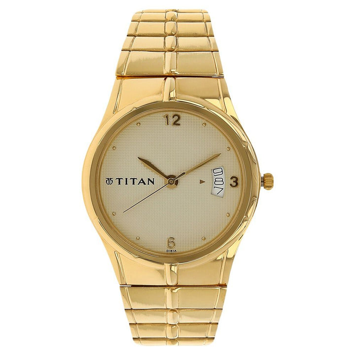Titan Quartz Analog with Date Champagne Dial Stainless Steel Strap Watch for Men-NF9314YM02A