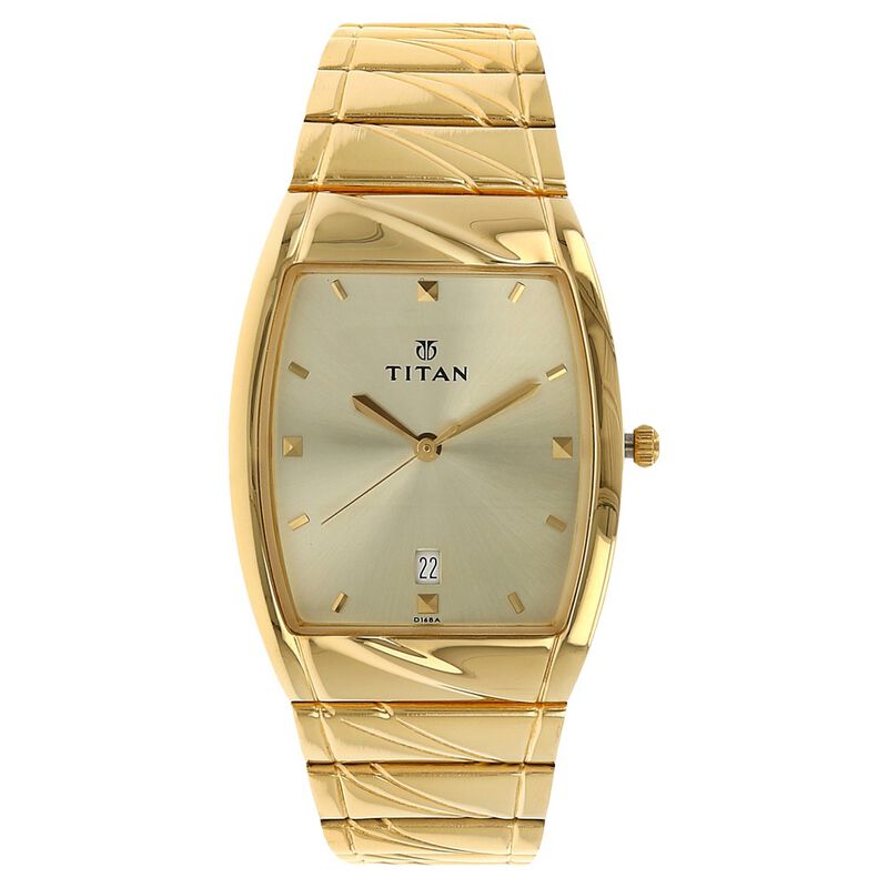 Titan Rectangle Champagne Dial Analog With Date Stainless Steel Strap Watch For Men