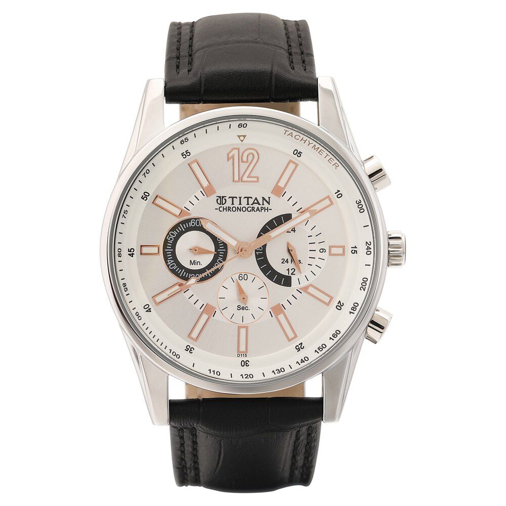 Titan Octane Silver Dial Chrono Leather Strap watch for Men-NM9322SL01