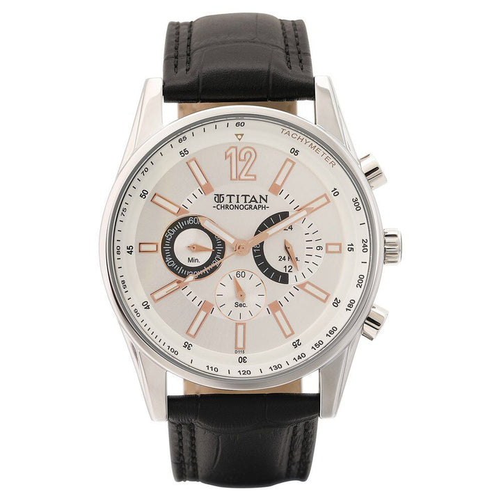Titan Octane Silver Dial Chrono Leather Strap watch for Men-NM9322SL01