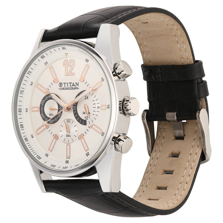 Titan Octane Silver Dial Chrono Leather Strap watch for Men-NM9322SL01