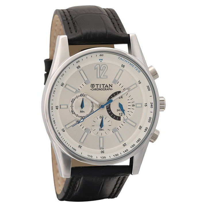 Titan Classic Silver Dial Chronograph Leather Strap watch for Men-NM9322SL02