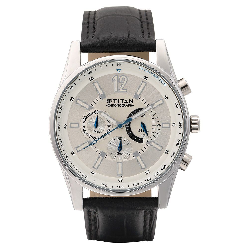 Titan Classic Silver Dial Chronograph Leather Strap watch for Men-NM9322SL02