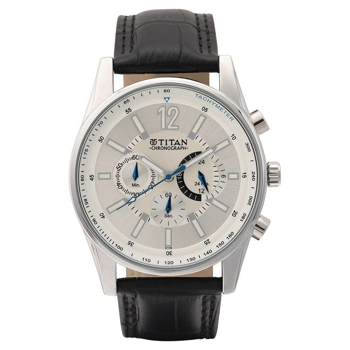 Titan Classic Silver Dial Chronograph Leather Strap watch for Men-NM9322SL02