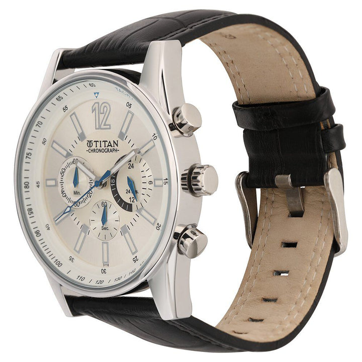 Titan Classic Silver Dial Chronograph Leather Strap watch for Men-NM9322SL02