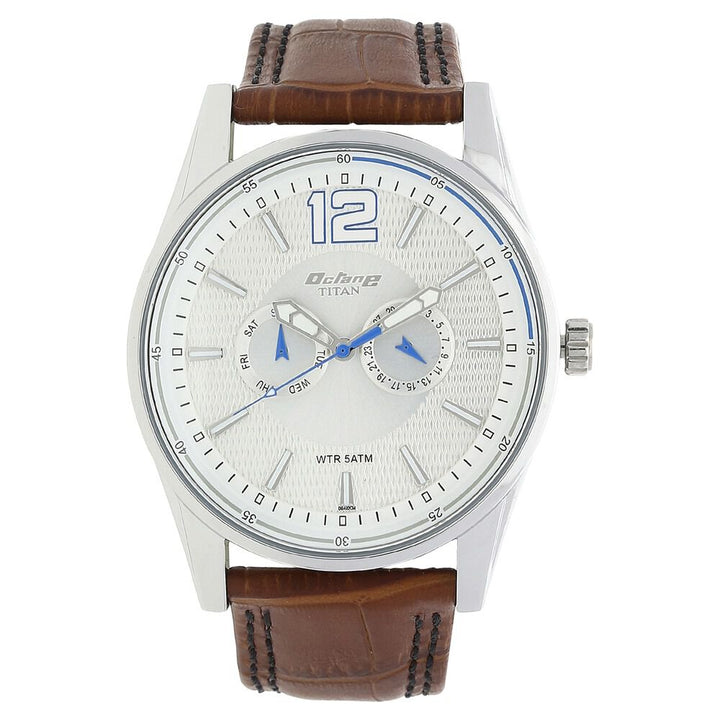 Titan Quartz Multifunction Silver Dial Leather Strap Watch for Men-NK9322SL05