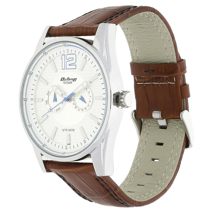 Titan Quartz Multifunction Silver Dial Leather Strap Watch for Men-NK9322SL05
