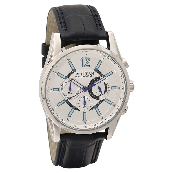 Titan Quartz Chronograph White Dial Leather Strap Watch for Men-NL9322SL10