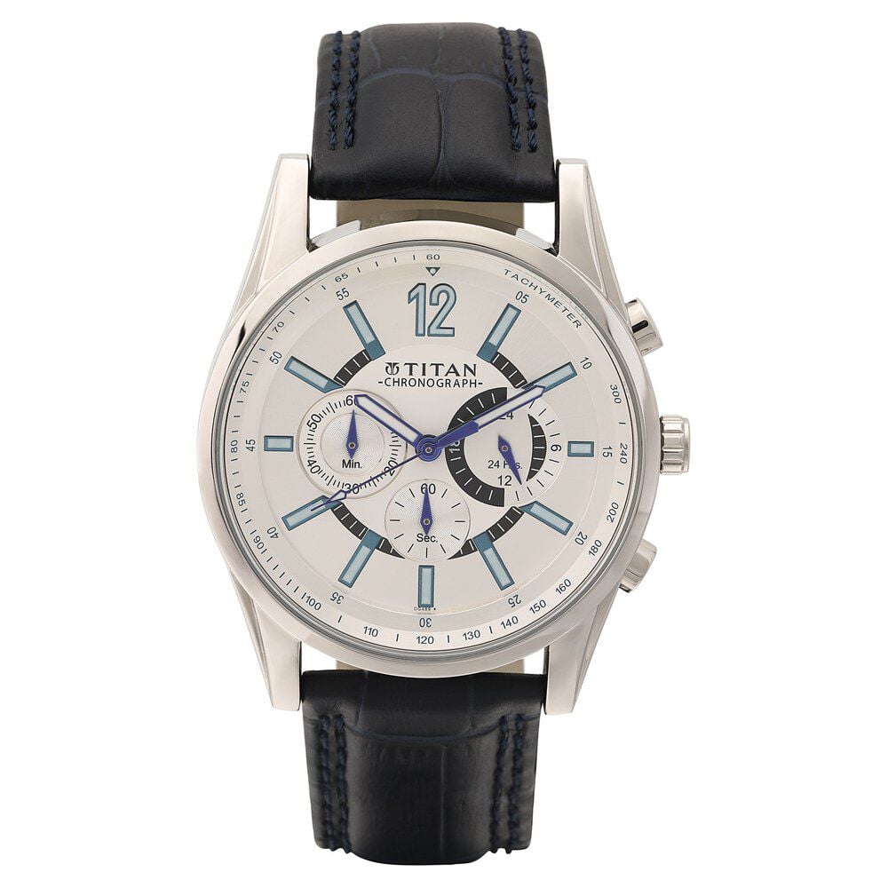 Titan Quartz Chronograph White Dial Leather Strap Watch for Men-NL9322SL10
