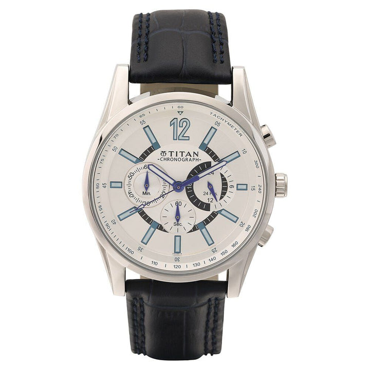 Titan Quartz Chronograph White Dial Leather Strap Watch for Men-NL9322SL10