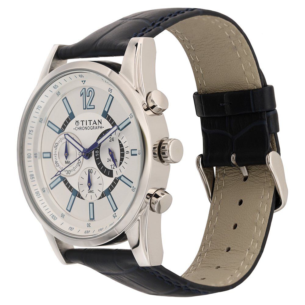 Titan Quartz Chronograph White Dial Leather Strap Watch for Men-NL9322SL10