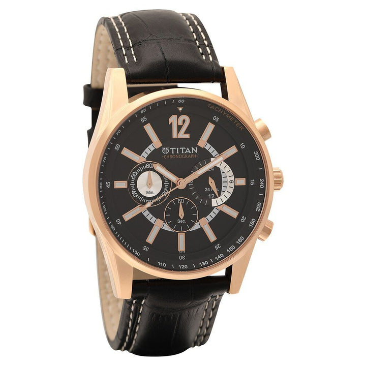 Titan Quartz Chronograph Black Dial Leather Strap Watch for Men-NM9322WL02