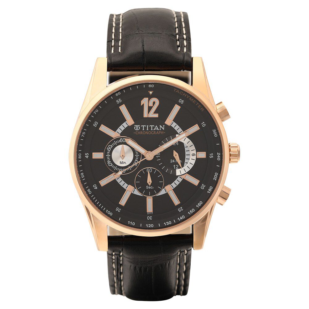 Titan Quartz Chronograph Black Dial Leather Strap Watch for Men-NM9322WL02