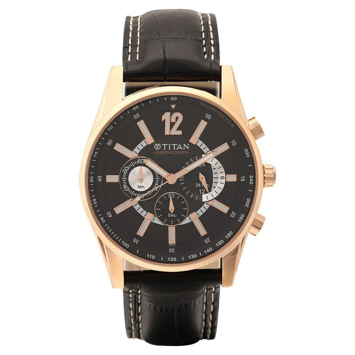 Titan Quartz Chronograph Black Dial Leather Strap Watch for Men-NM9322WL02
