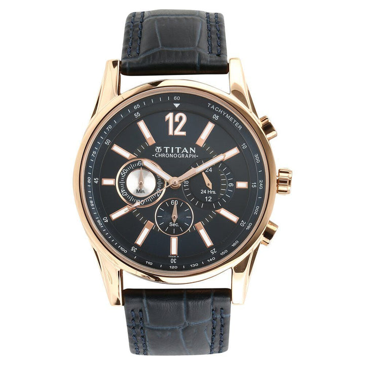 Titan Quartz Chronograph Blue Dial Leather Strap Watch for Men-9322WL05