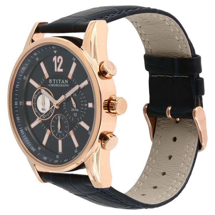 Titan Quartz Chronograph Blue Dial Leather Strap Watch for Men-9322WL05