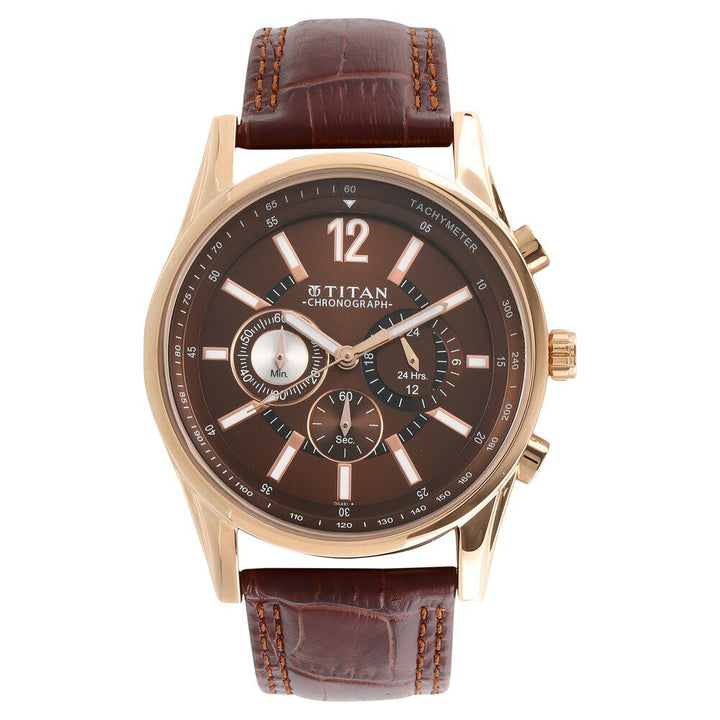 Titan Quartz Chronograph Brown Dial Leather Strap Watch for Men-9322WL06
