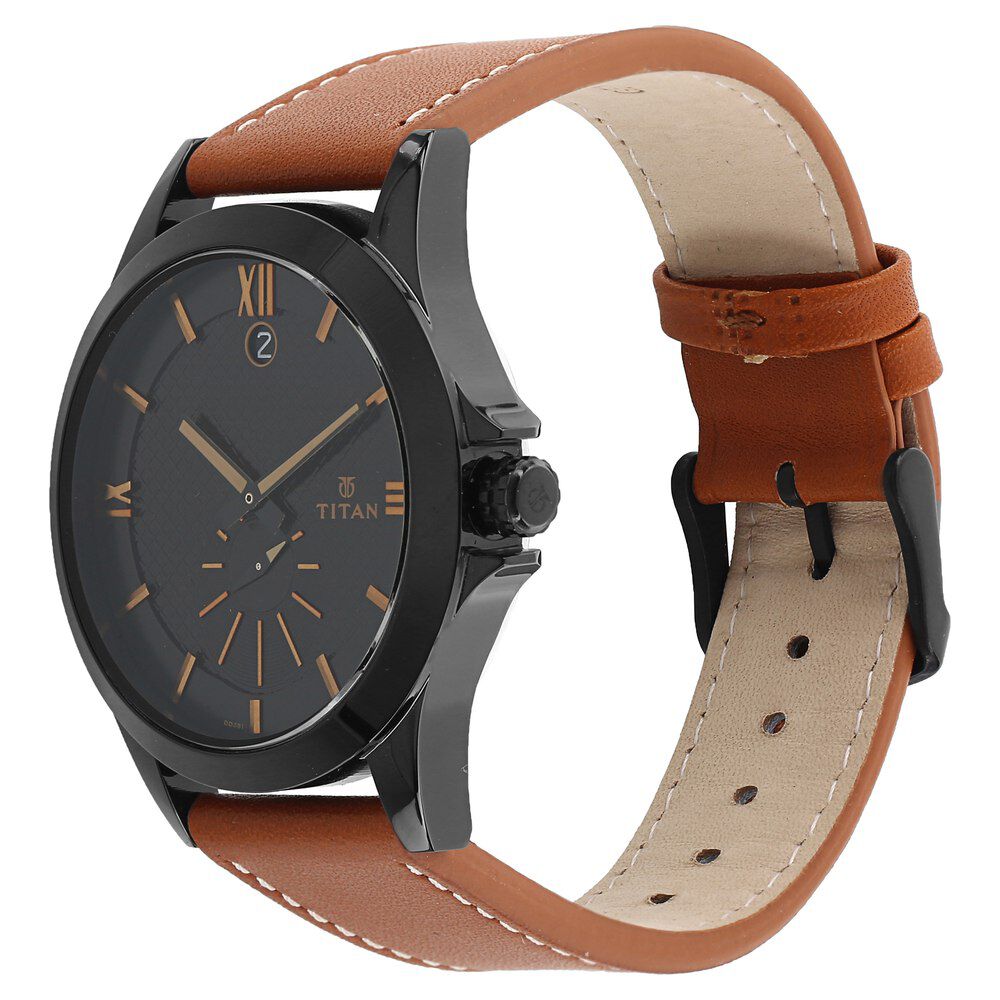 Titan Smartsteel Black Dial Analog with Date Leather Strap watch for Men NQ9323NL02