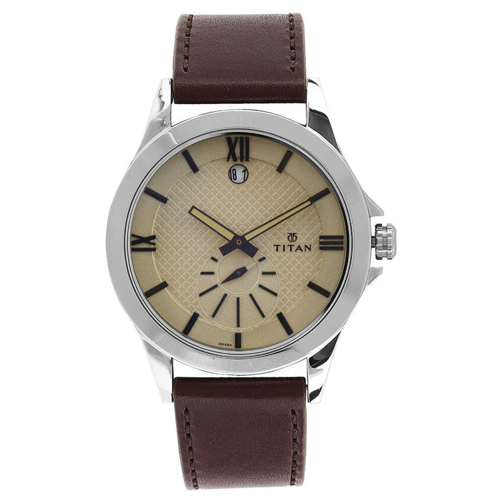 Titan Smart steel Beige Dial Analog with Date Leather Strap watch for Men-9323SL01