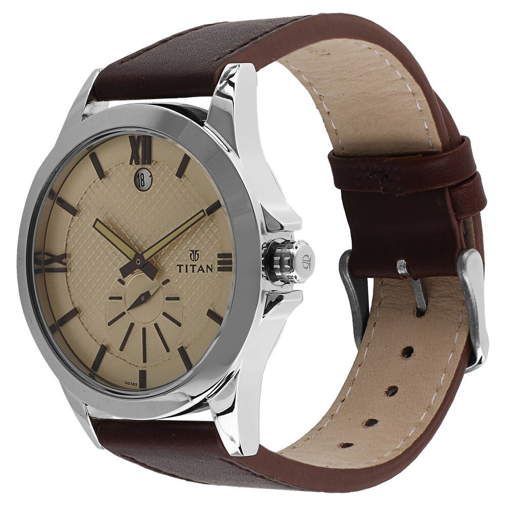 Titan Smart steel Beige Dial Analog with Date Leather Strap watch for Men-9323SL01