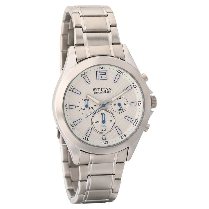 Titan Quartz Chronograph White Dial Stainless Steel Strap Watch for Men NS9323SM07