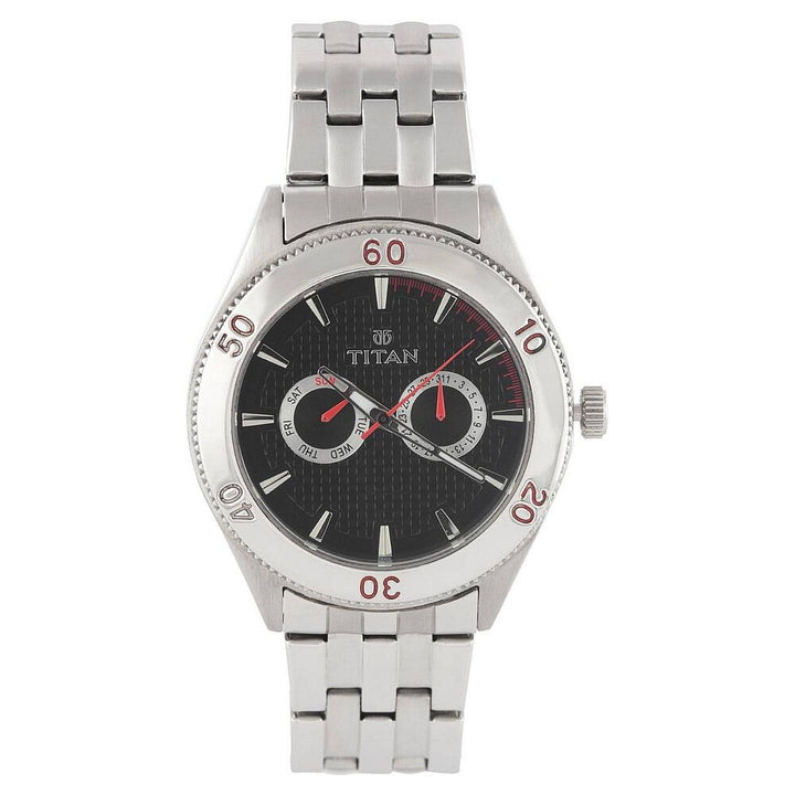 Titan Quartz Multifunction Black Dial Stainless Steel Strap Watch for Men-ND9324SM07J