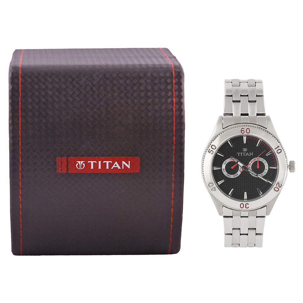 Titan Quartz Multifunction Black Dial Stainless Steel Strap Watch for Men-ND9324SM07J