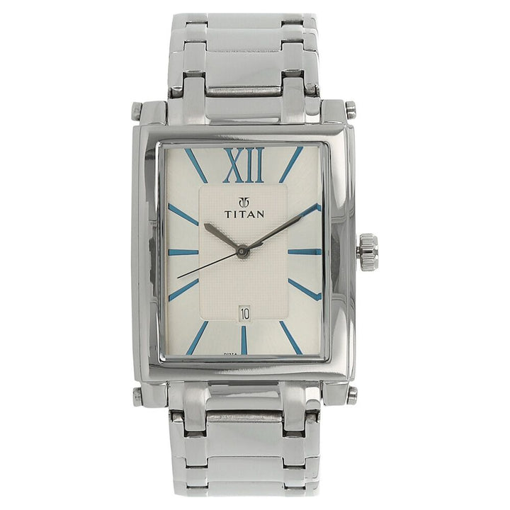 Titan Rectangle Silver Dial Analog with Date Metal Strap watch for Men-NK9327SM01