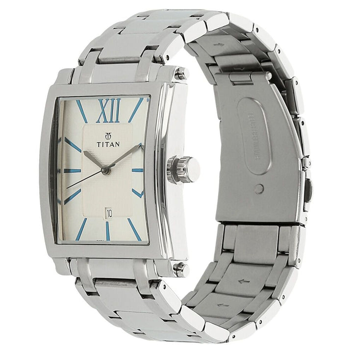 Titan Rectangle Silver Dial Analog with Date Metal Strap watch for Men-NK9327SM01