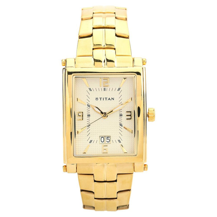 Titan Quartz Analog with Date Champagne Dial Stainless Steel Strap Watch for Men-9327YM02