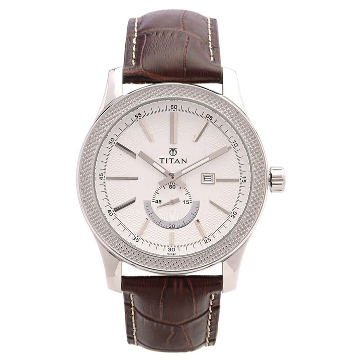 Titan Analog with Date Silver Dial, Leather Strap watch for Men-NE9386SL01