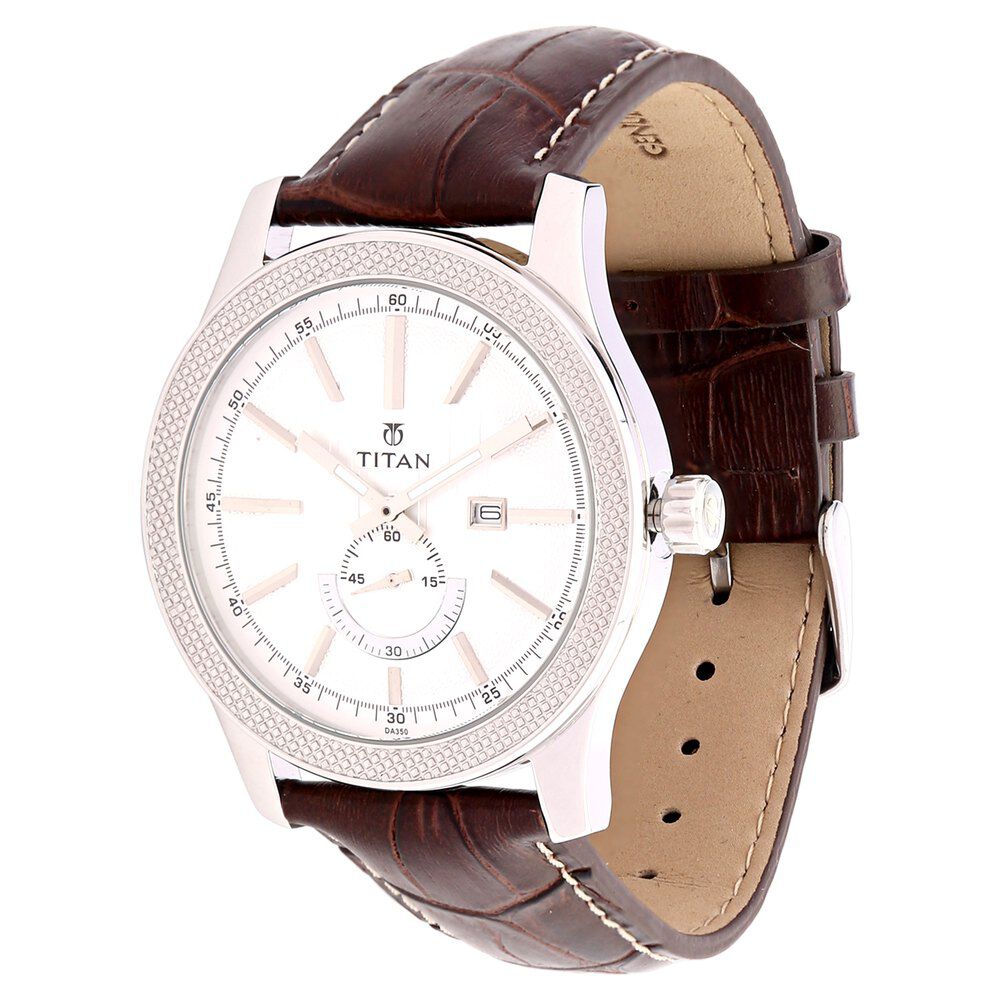 Titan Analog with Date Silver Dial, Leather Strap watch for Men-NE9386SL01