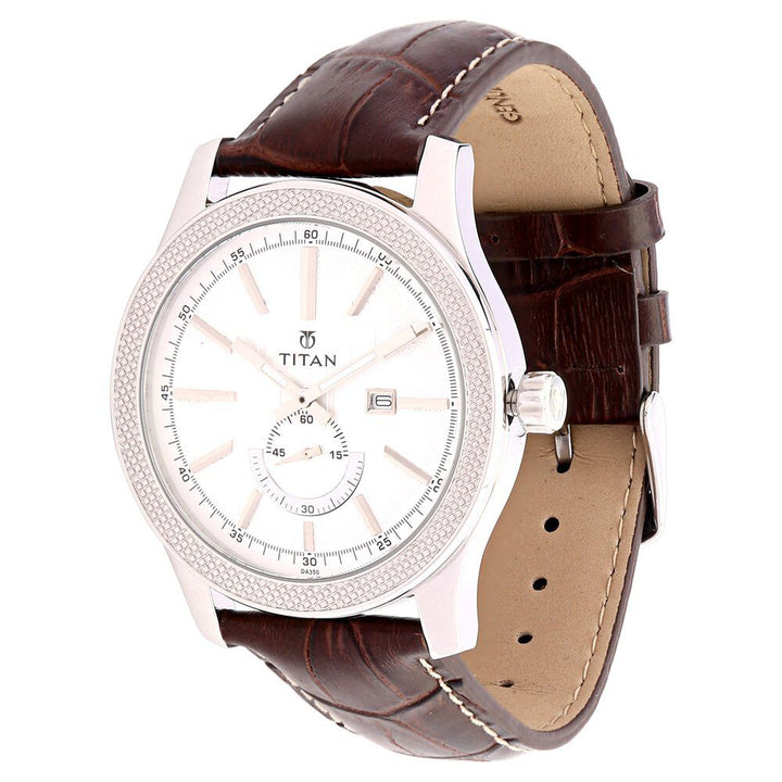 Titan Analog with Date Silver Dial, Leather Strap watch for Men-NE9386SL01