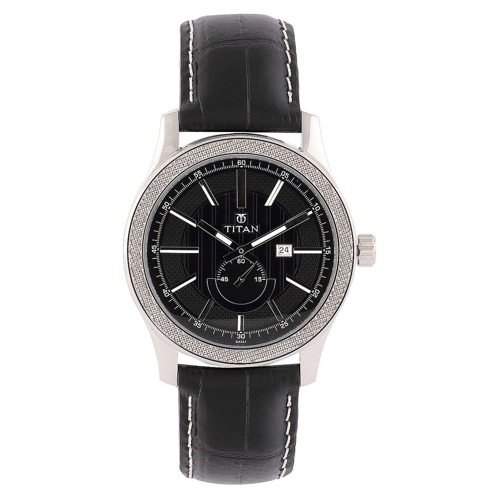 Titan Analog with Date Quartz Stainless Steel Black Dial Leather Strap watch for Men-NC9386SL02J