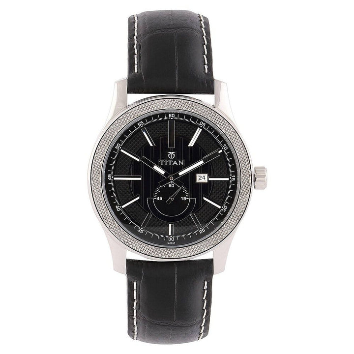 Titan Analog with Date Quartz Stainless Steel Black Dial Leather Strap watch for Men-NC9386SL02J